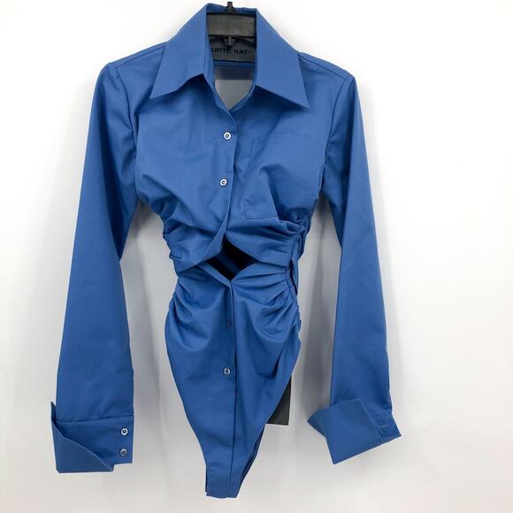 URTE KAT Women's Draped  Shirt Open Back Bodysuit Small Baby Blue NWT - Picture 1 of 12